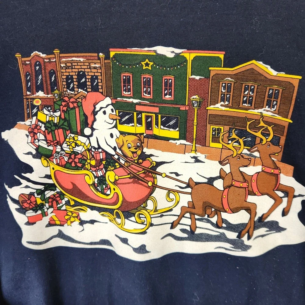 Gildan Vintage Y2K Christmas Snowman Reindeer Sleigh Navy Sweatshirt Mens Large - Picture 2 of 7